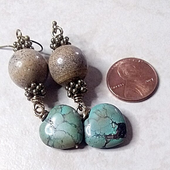 Thick + Chunky! Boho African Turquoise Heart Earrings - Unique & One-of-a-Kind - Picture 1 of 10